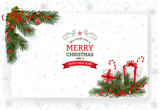 Christmas background with decoration and paper. Decorative Christmas festive background with Christmas balls stars and ribbons.