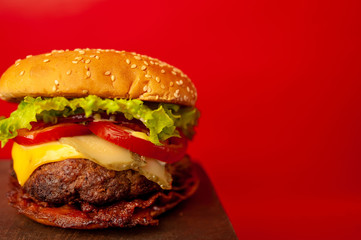 delicious, tasty homemade burger on a red background