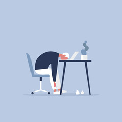 Professional burnout. Young exhausted manager sitting at the office. Long working day. Millennials at work. Flat editable vector illustration, clip art