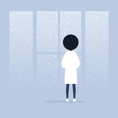 Winter, snowfall. Contemplate. Meditate. Harmony. Young calm black female character looking through the window. Back view. Conceptual illustration, clip art