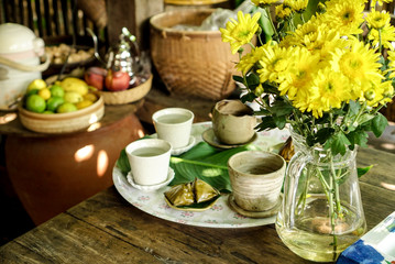 morning tea with flowers in garden
