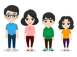 Set of cute happy Family,dad mom son daughter standing together cartoon character flat design vector on white background.