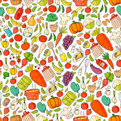 Kitchen and cooking seamless pattern. Icons of food and drink.