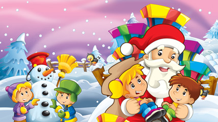 cartoon snow scene with santa claus snowman and kids - illustration for children