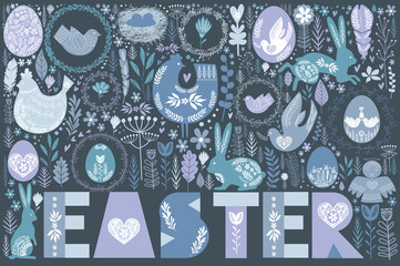 Happy Easter greeting card, poster in Scandinavian style. Editable vector illustration 