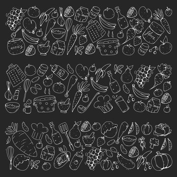 Kitchen and cooking seamless pattern. Icons of food and drinks. Blackboard chalk image