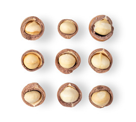 Peeled Macadamia nut isolated on a white background. top view