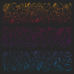 Kitchen and cooking seamless pattern. Icons of food and drinks.