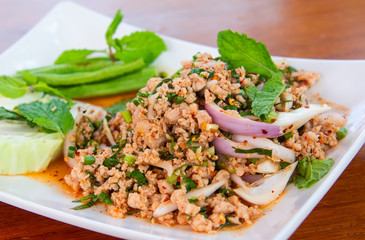 Thai food made with pork (Laab Pork) 