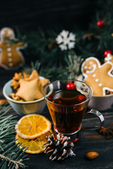 mulled wine on christmas decorated background