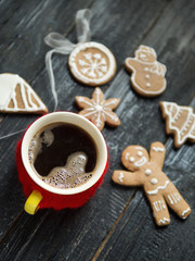 Christmas gingerbread cookies and a mug of coffee