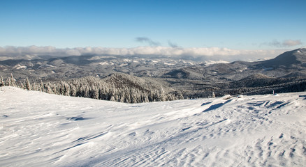 Fototapeta na wymiar winter mountains with snowy forest, view from top of mountain