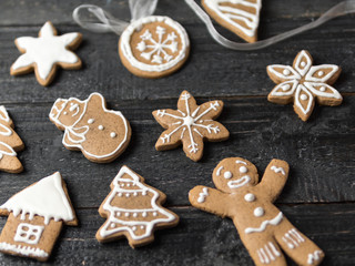 ginger Christmas cookies in the form of different attributes of the holiday
