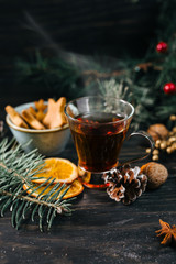 mulled wine on christmas decorated background