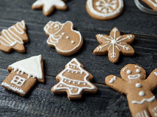 ginger Christmas cookies in the form of different attributes of the holiday
