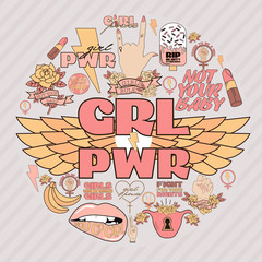 Girl Power and Feminist idea poster with motivating quotes and inspirational elements in the style of a sketch tattoo. Editable vector illustration