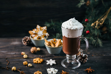 hot chocolate drink on christmas decorated background
