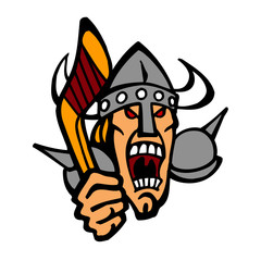 viking warrior with helmet with horns and hockey stick mascot tattoo logo