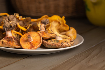Close-up view of a crockery dish containing a mix of raw wild mushrooms on a rustic kitchen