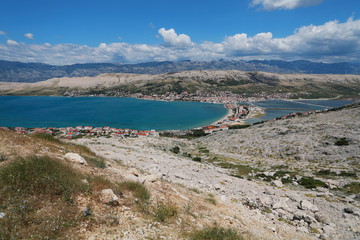 Fototapeta na wymiar Pag island in Croatia. View from the top on the beach. 