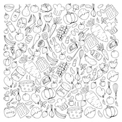 Kitchen and cooking seamless pattern. Icons of food and drinks. Colorful images for wrapping paper, textile, fabric