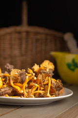 Portrait oriented image of different edible wild mushrooms on a rustic wooden table 