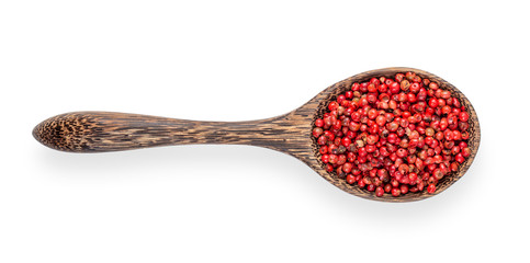 pink peppercorn in wood spoon isolated on white background. top view