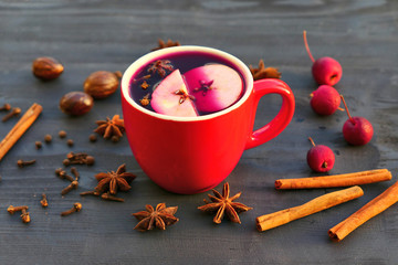 Christmas winter mulled wine with spices and apples