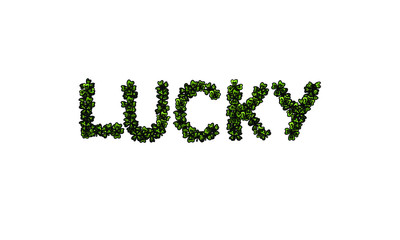 Lucky inscription made with hand drawn doodle green clovers 