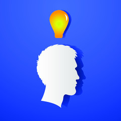 Man head with a lamp above it. Idea concept. Paper art style.