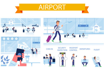 Airport horizontal background.  People sitting and walking in airport terminal. Flat vector illustration.