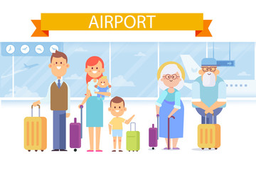Cartoon family with luggage in airport waiting for flight. Flat vector illustration.