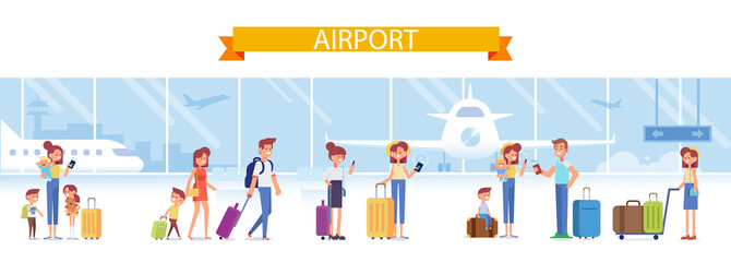 Fototapeta premium Cartoon people with luggage in airport waiting for flight. Flat vector illustration.