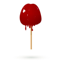 Realistic red candy apple on a wooden stick isolated at white background. Sweet bright dessert vector illustration