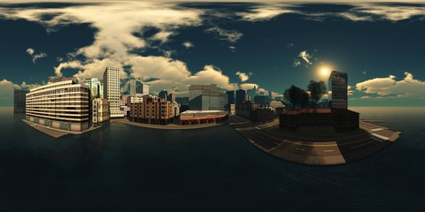 HDRI, environment map , Round panorama, spherical panorama, equidistant projection,  panorama 360, Modern city at sunrise in the fog over the water, skyscrapers at sunset over the water
