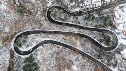 Aerial view of curvy road in Mecsek forest