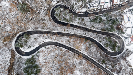 Aerial view of curvy road in Mecsek forest