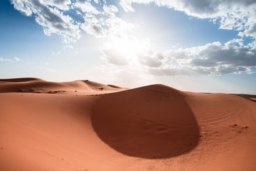 The red dunes of the erg Chebbi Sahara desert in Morocco.
