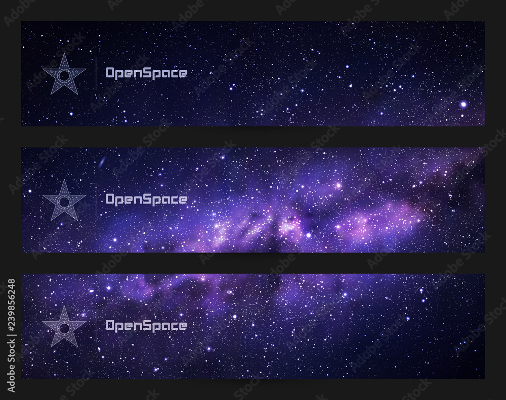 Poster set of horizontal banners with night starry sky and milky way. space dark background with fragment o