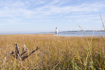 Cockspur Island Lighthouse in Georgia, surrounded by marsh grass