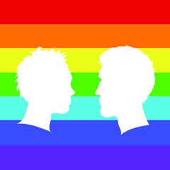 Gay couple silhouettes at rainbow background. Male homosexual concept. 