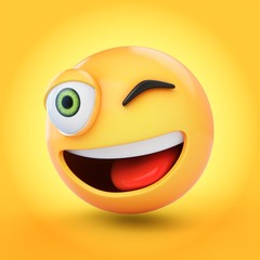 3D Rendering winking emoji isolated on yellow background