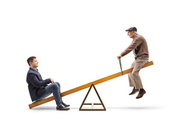 Young man and a senior on a seesaw