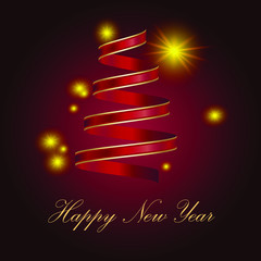 Happy new year greeting card with christmas ribbon and glowing golden stars
