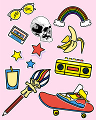 Fashion patch badges with, skull, sunglasses, rainbow, banana, juice, cassette, stars. Vector illustration isolated on pink background. Set of stickers, pins, patches in cartoon 80s-90s comic style.