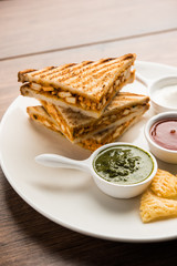 Paneer tikka Sandwich - is a popular Indian version of sandwich using cottage cheese curry with tomato ketchup, mint chutney
