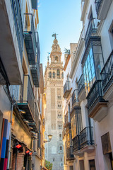 View of Giralda tower of Cathedral of Saint Mary of the See (Seville Cathedral) trough narrow street