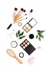 Professional makeup tools. Makeup tools brushes. Flat composition. magazines, social media. Top view. Flat lay.