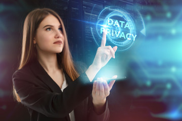 The concept of business, technology, the Internet and the network. A young entrepreneur working on a virtual screen of the future and sees the inscription: Data privacy