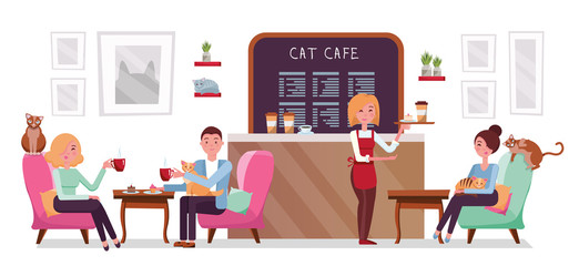 Cat cafe shop, people single and couple relaxing with kitties. Place interior to meet, have a rest with pets, waitress tray with cake and coffee. Vector flat cartoon illustration on white background